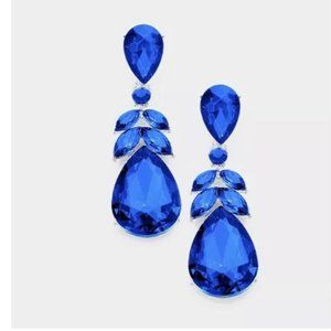Royal blue earring long teardrop electric dangle rhinestone crystal blue 2.25”